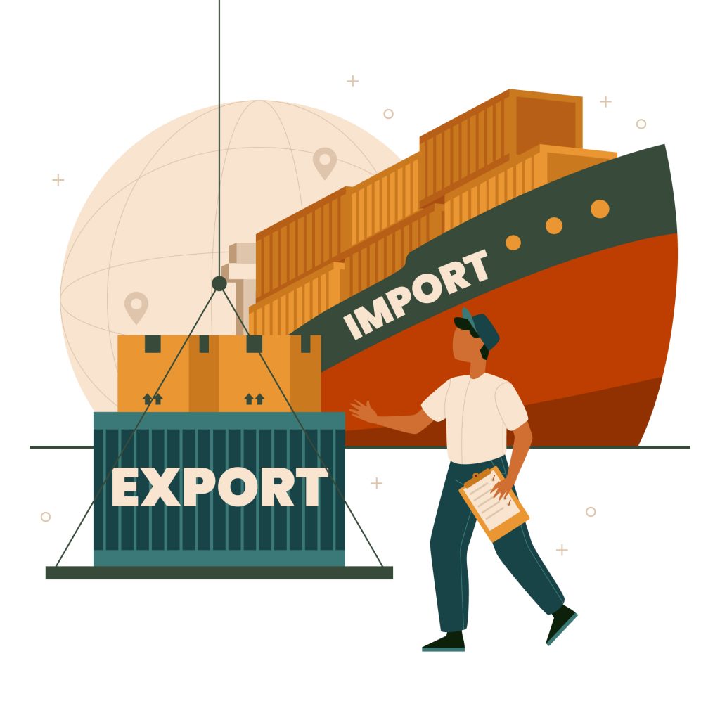 Empresa de importação e exportação transportando cargas em um navio.